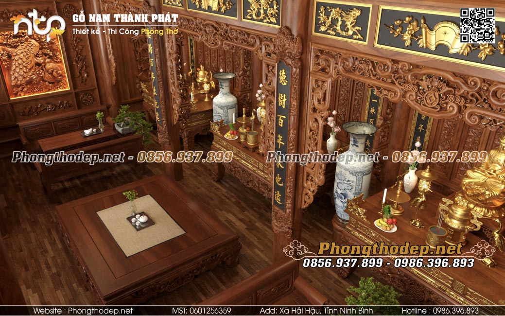 nội thất phòng thờ 3 gian nhà gỗ cổ truyền